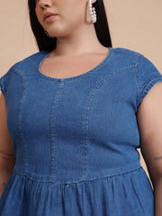 Women Blue Peplum Top With Denim Midi Skirt