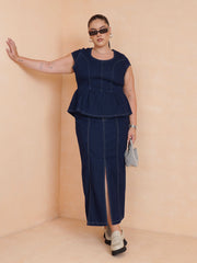 Women Navy Peplum Top With Denim Midi Skirt