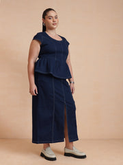 Women Navy Peplum Top With Denim Midi Skirt