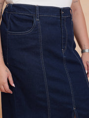 Women Navy Peplum Top With Denim Midi Skirt
