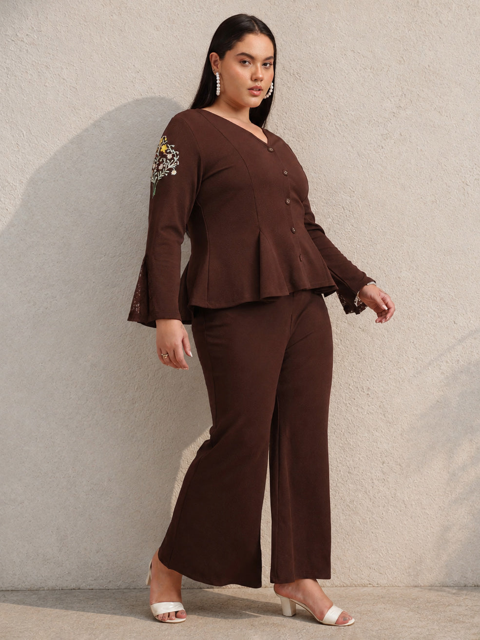 Women Brown Front Button Top With Bell Bottom Pants