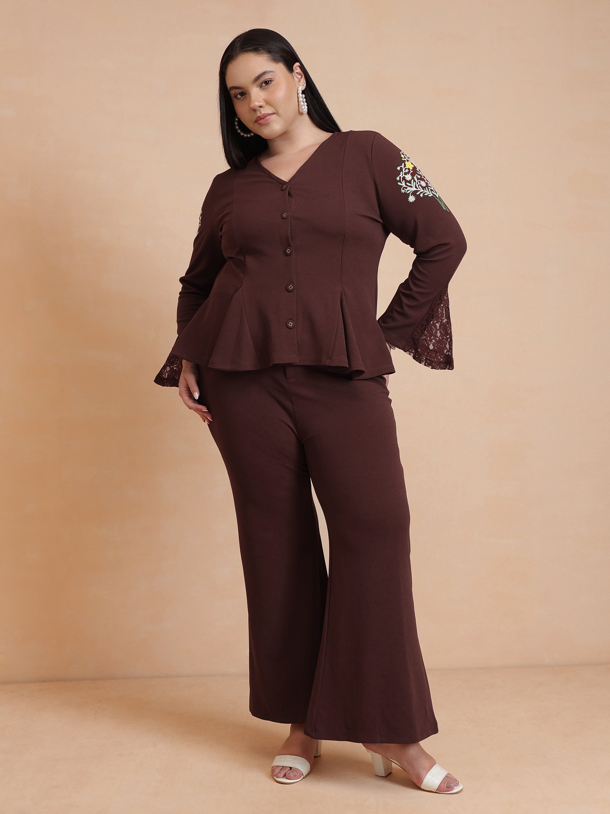 DesiQlo Brown Front Button Top With Bell Bottom Pants - Brown