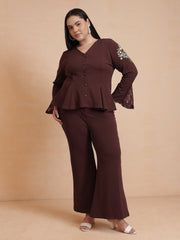 Women Brown Front Button Top With Bell Bottom Pants