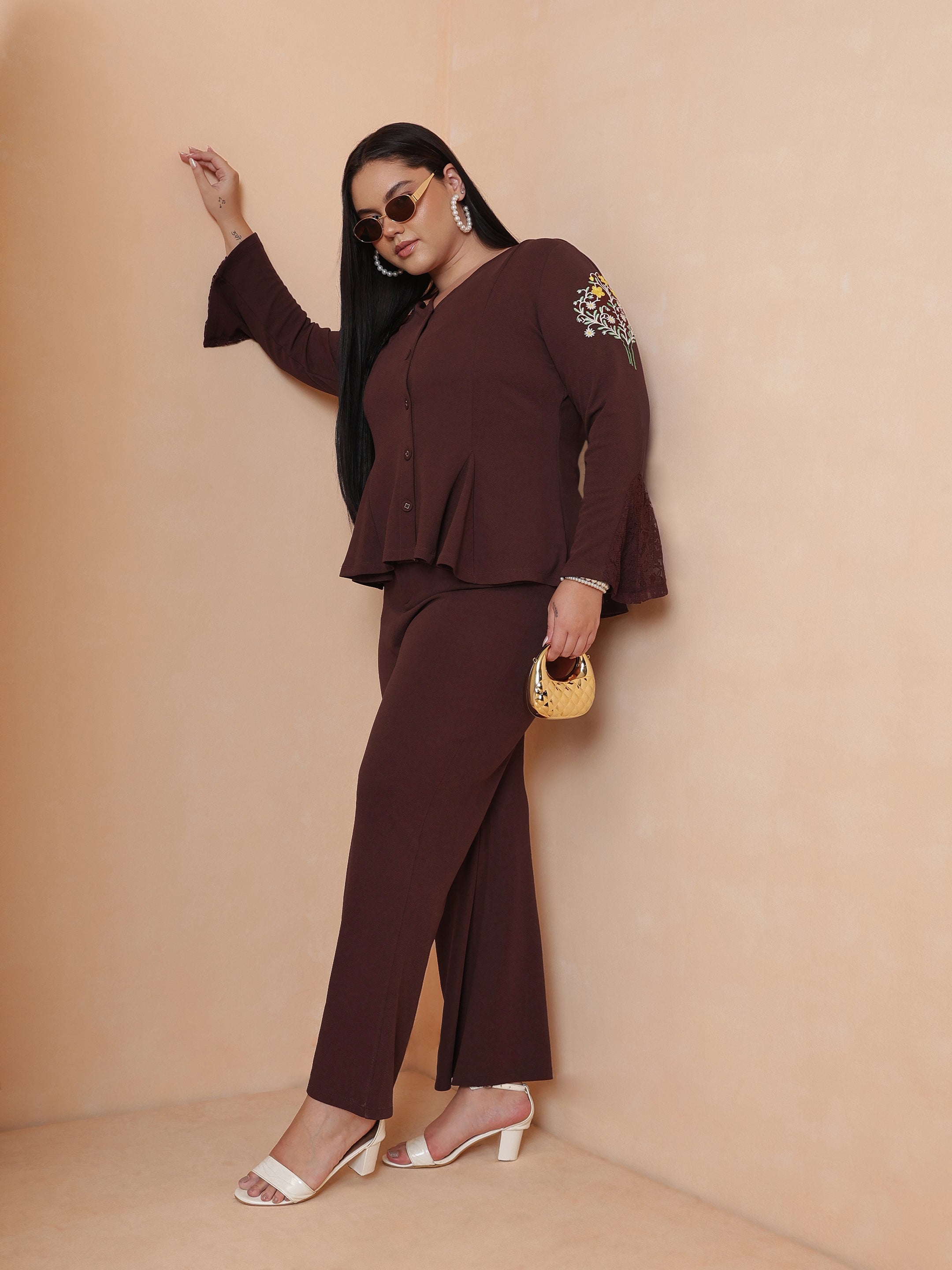 DesiQlo Brown Front Button Top With Bell Bottom Pants - Brown