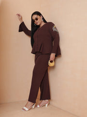 Women Brown Front Button Top With Bell Bottom Pants