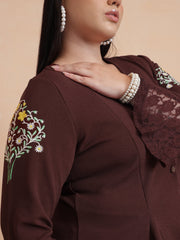 Women Brown Front Button Top With Bell Bottom Pants