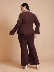 Women Brown Front Button Top With Bell Bottom Pants