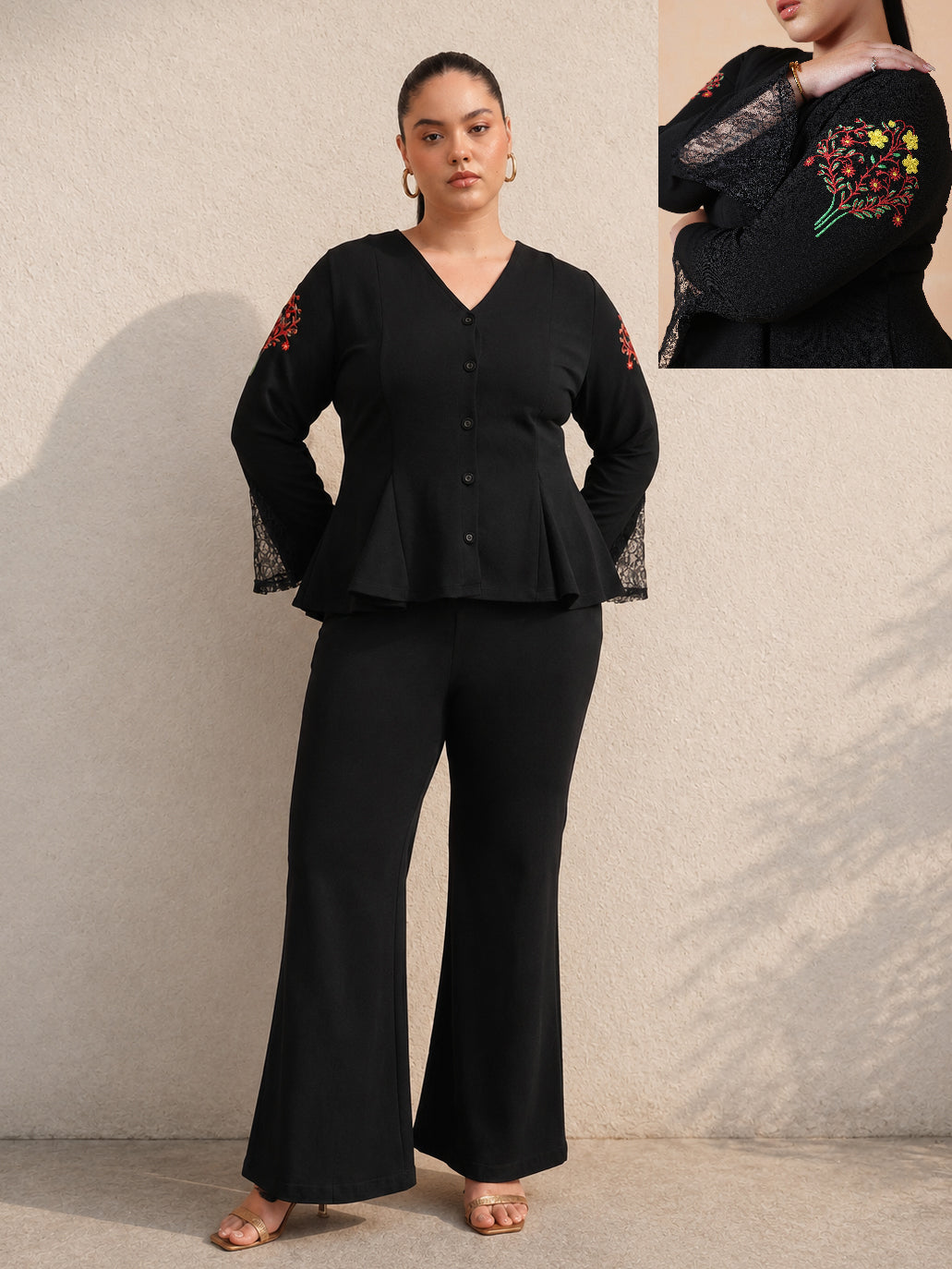 DesiQlo Black Front Button Top With Bell Bottom Pants - Black