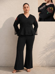 Women Black Front Button Top With Bell Bottom Pants