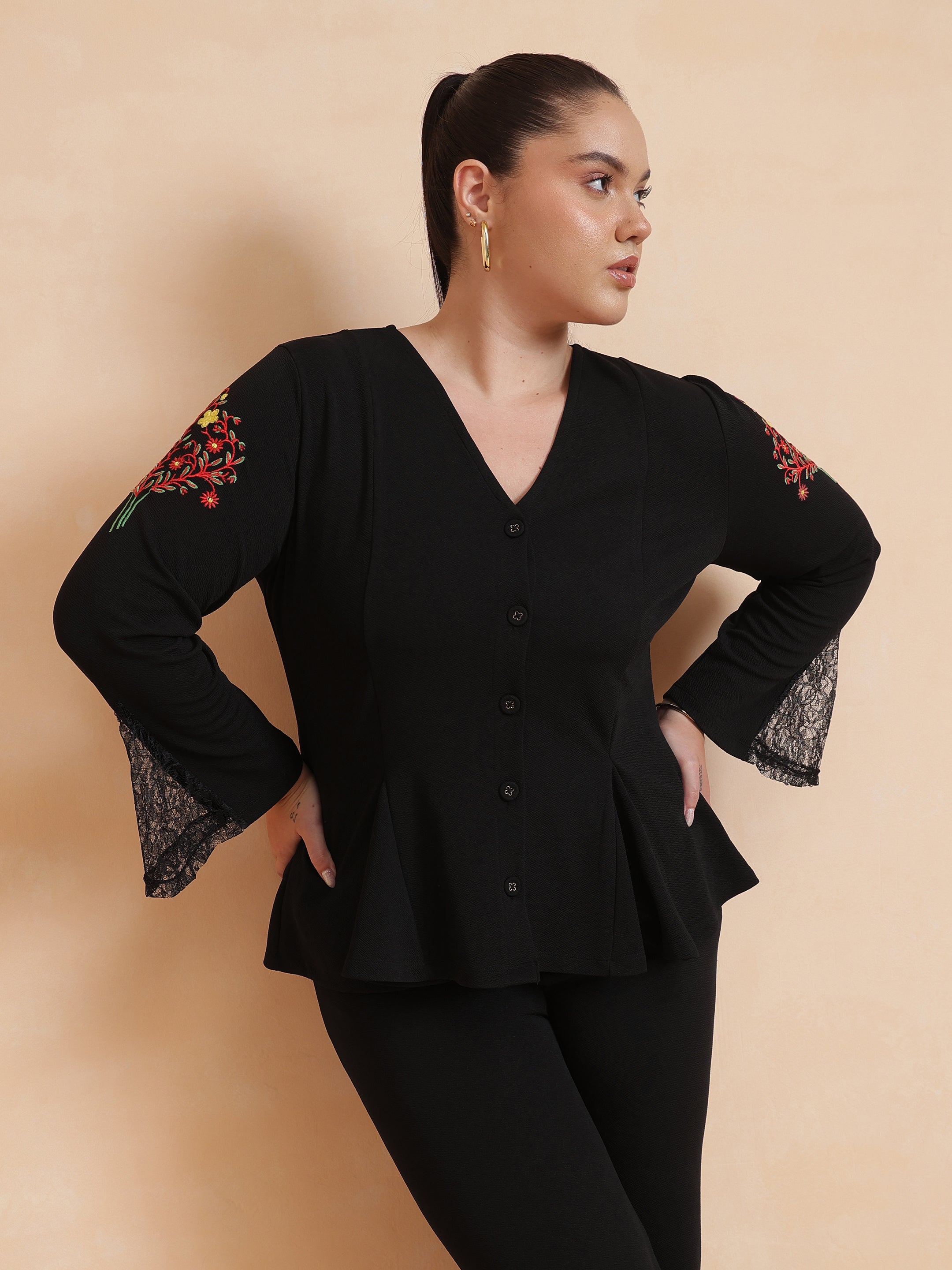 DesiQlo Black Front Button Top With Bell Bottom Pants - Black
