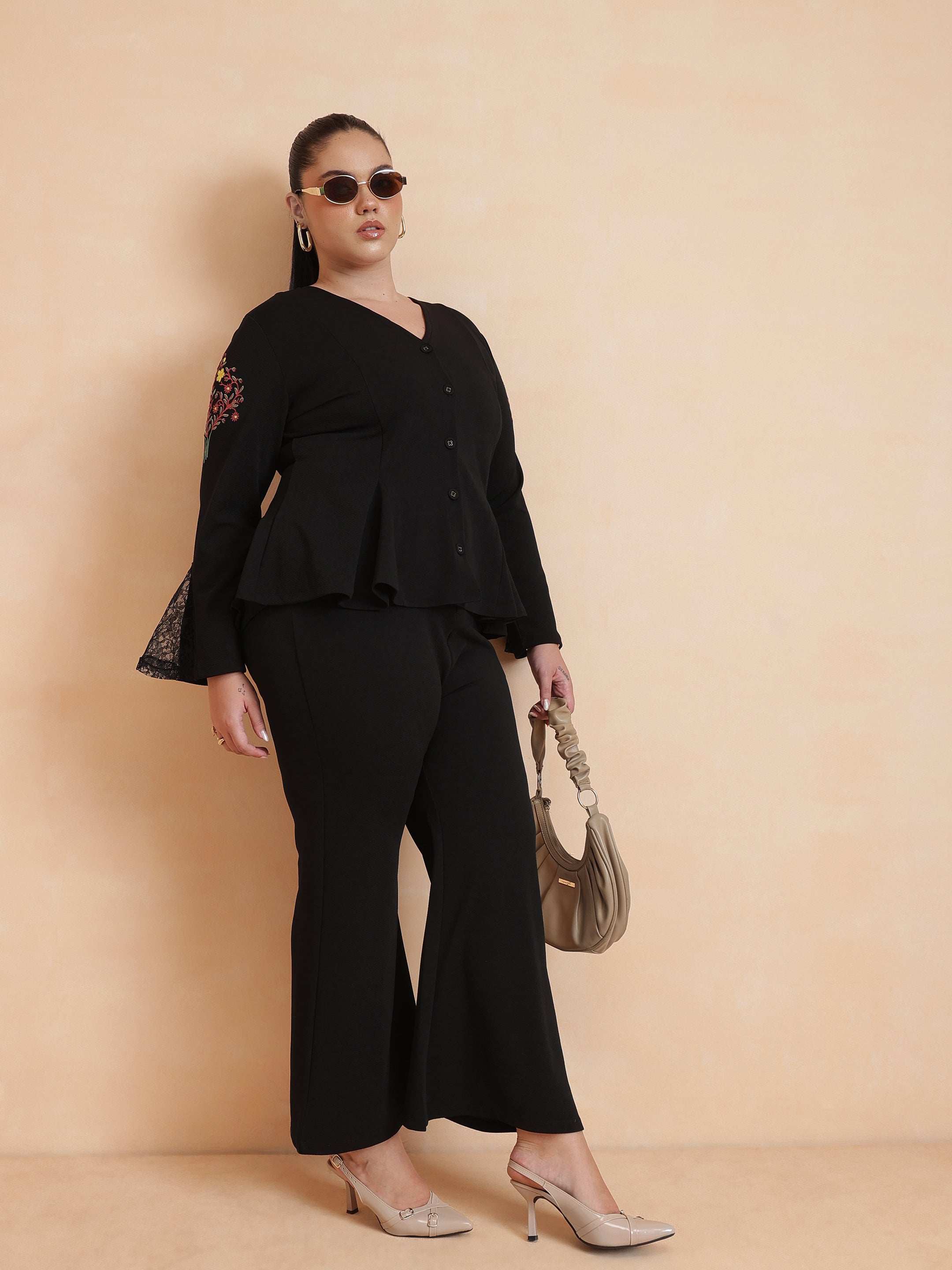 DesiQlo Black Front Button Top With Bell Bottom Pants - Black