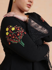 Women Black Front Button Top With Bell Bottom Pants