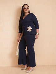 Women Navy Front Button Top With Pants