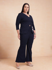 Women Navy Front Button Top With Pants