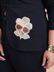 Women Navy Front Button Top With Pants