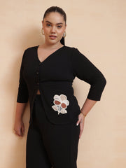 Women Black Front Button Top With Pants