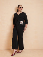 Women Black Front Button Top With Pants