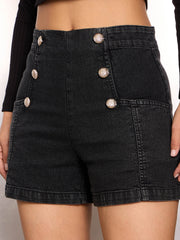 Women Black Washed Denim Front Button Detail Shorts-SFSHOR90102