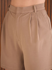 Women Beige Front Pleated Shorts-SFSHOR90109