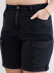Women Black Denim Hem Pockets Bermuda Shorts-SFSHOR90110