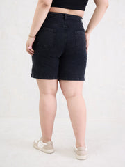 Women Black Denim Hem Pockets Bermuda Shorts-SFSHOR90110