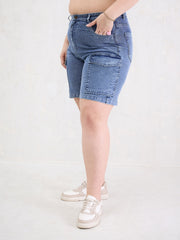 Women Ice Blue Denim Hem Pockets Bermuda Shorts-SFSHOR90111