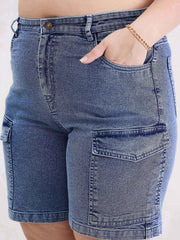 Women Ice Blue Denim Hem Pockets Bermuda Shorts-SFSHOR90111