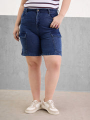 Women Navy Denim Hem Pockets Bermuda Shorts-SFSHOR90112