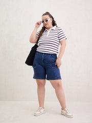 Women Navy Denim Hem Pockets Bermuda Shorts-SFSHOR90112