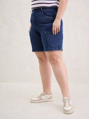 Women Navy Denim Hem Pockets Bermuda Shorts-SFSHOR90112