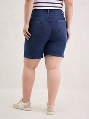 Women Navy Denim Hem Pockets Bermuda Shorts-SFSHOR90112