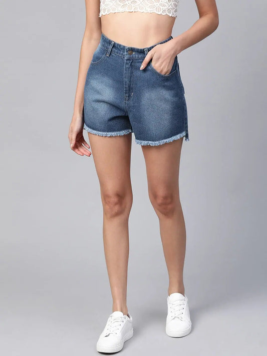 Blue Bleach Wash Frayed Look Shorts 1080