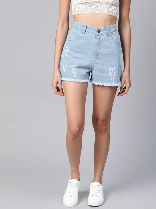 Ice Blue Frayed Look Shorts 1080