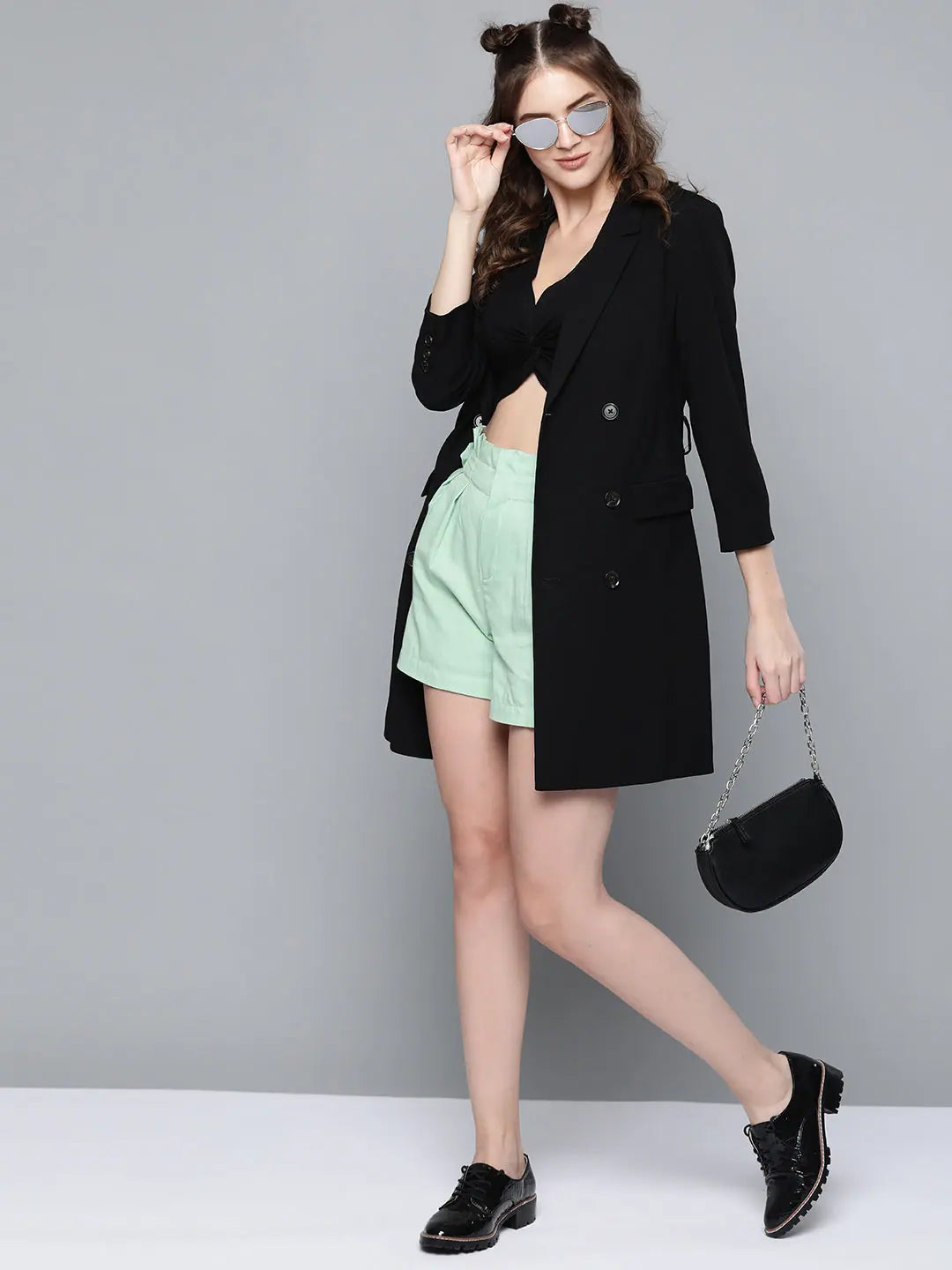 Sea Green Paper Bag Waist Shorts - Cotton Comfort Fit