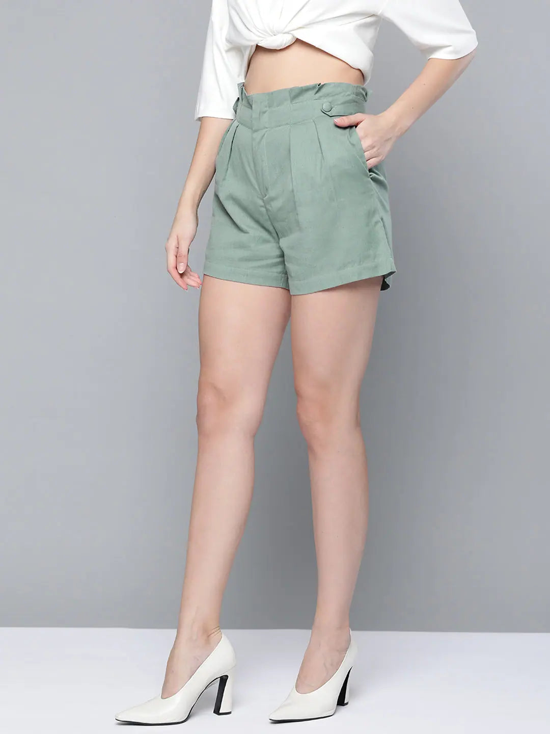 Teal Blue Paper Bag Waist Shorts - Cotton Comfort Fit