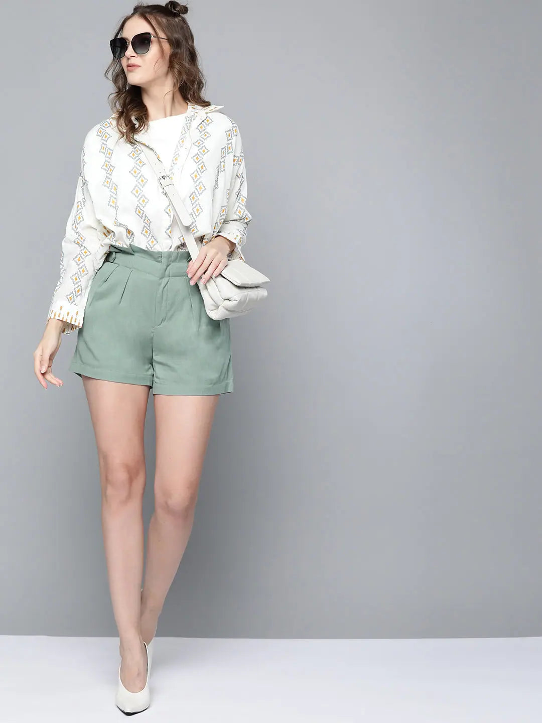 Teal Blue Paper Bag Waist Shorts - Cotton Comfort Fit