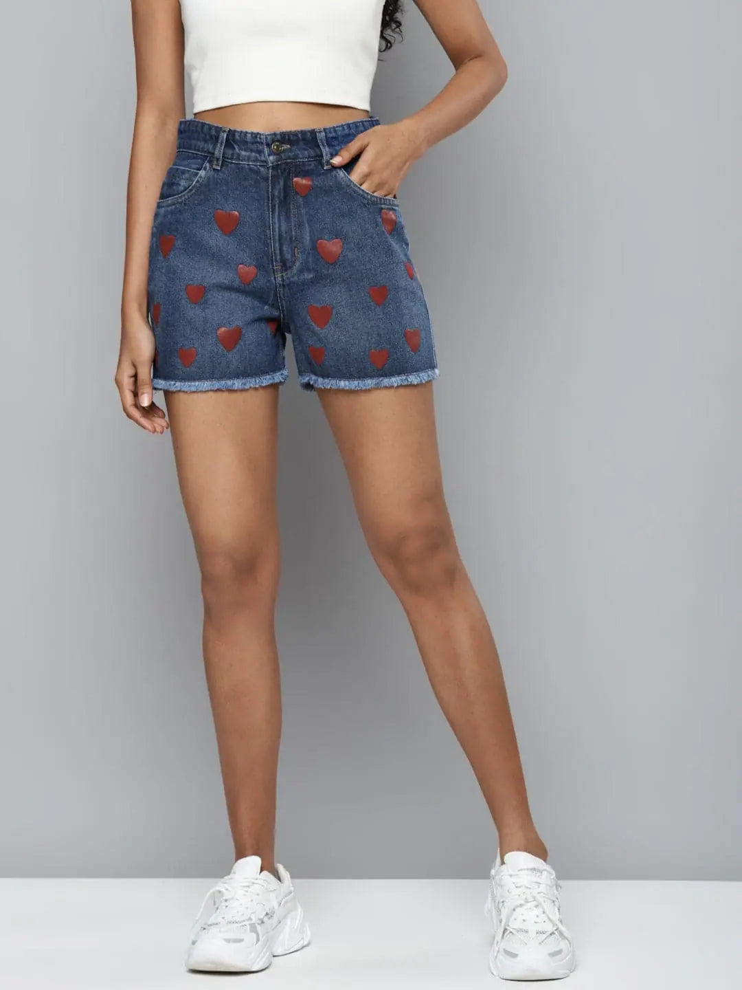 Blue Denim Shorts with Red Heart Print | Party Wear Lehenga