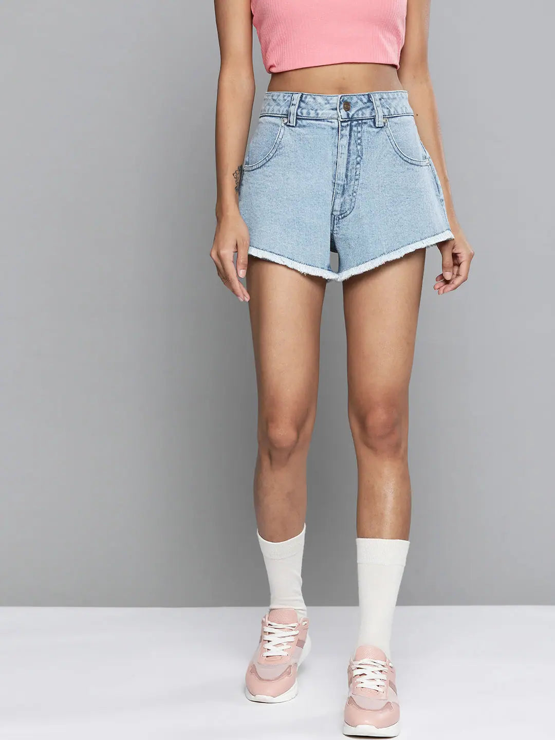 Blue Denim High Waist A-Line Shorts | Raw Edge Detail
