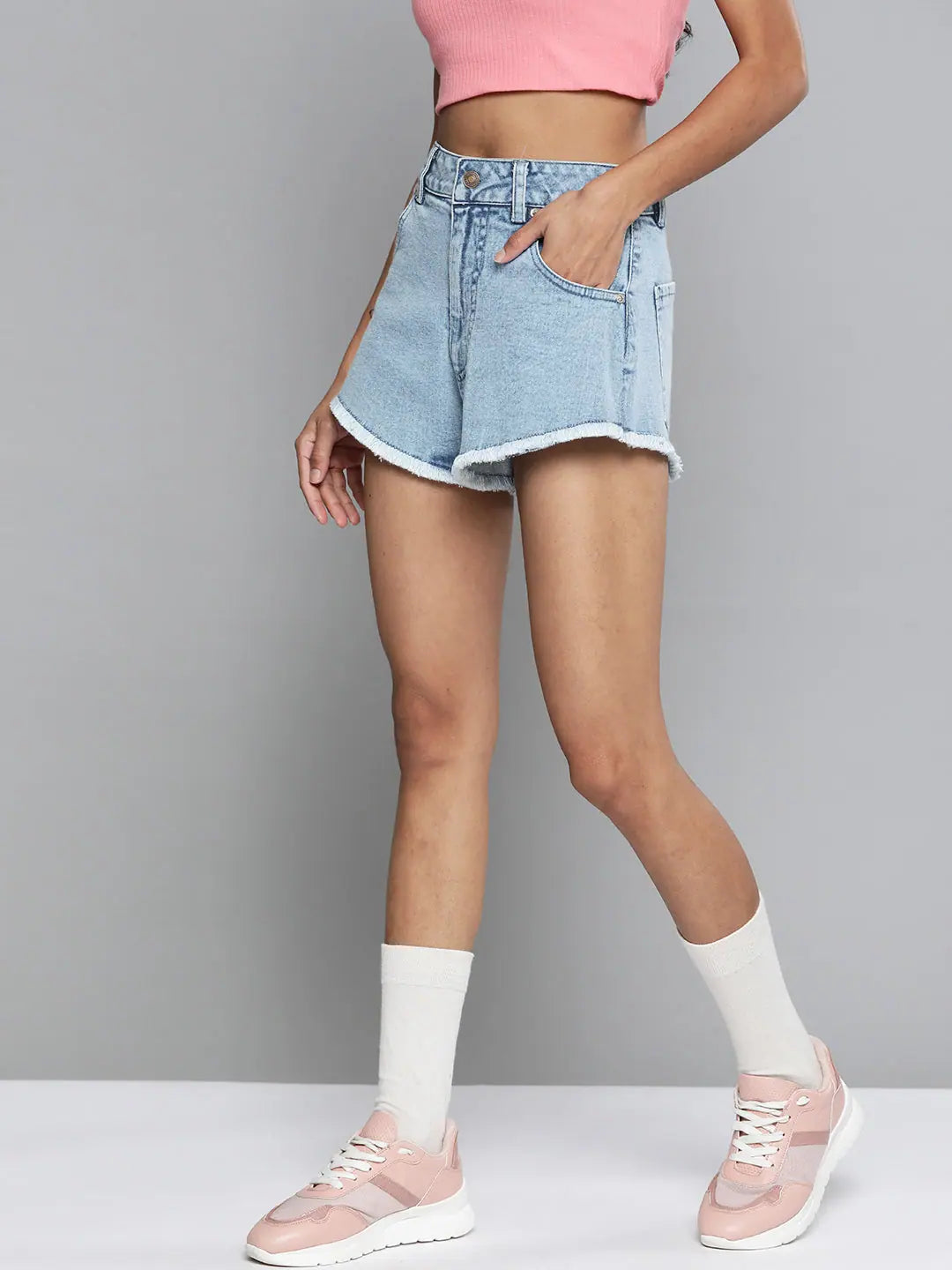 Blue Denim High Waist A-Line Shorts | Raw Edge Detail