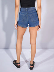 Women Blue Denim Wash Faded Shorts-SFSHOR9098