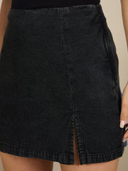 Women Black Denim Side Slit Skorts-SFSHOR9110