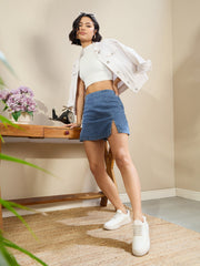 Women Navy Denim Side Slit Skorts-SFSHOR9111