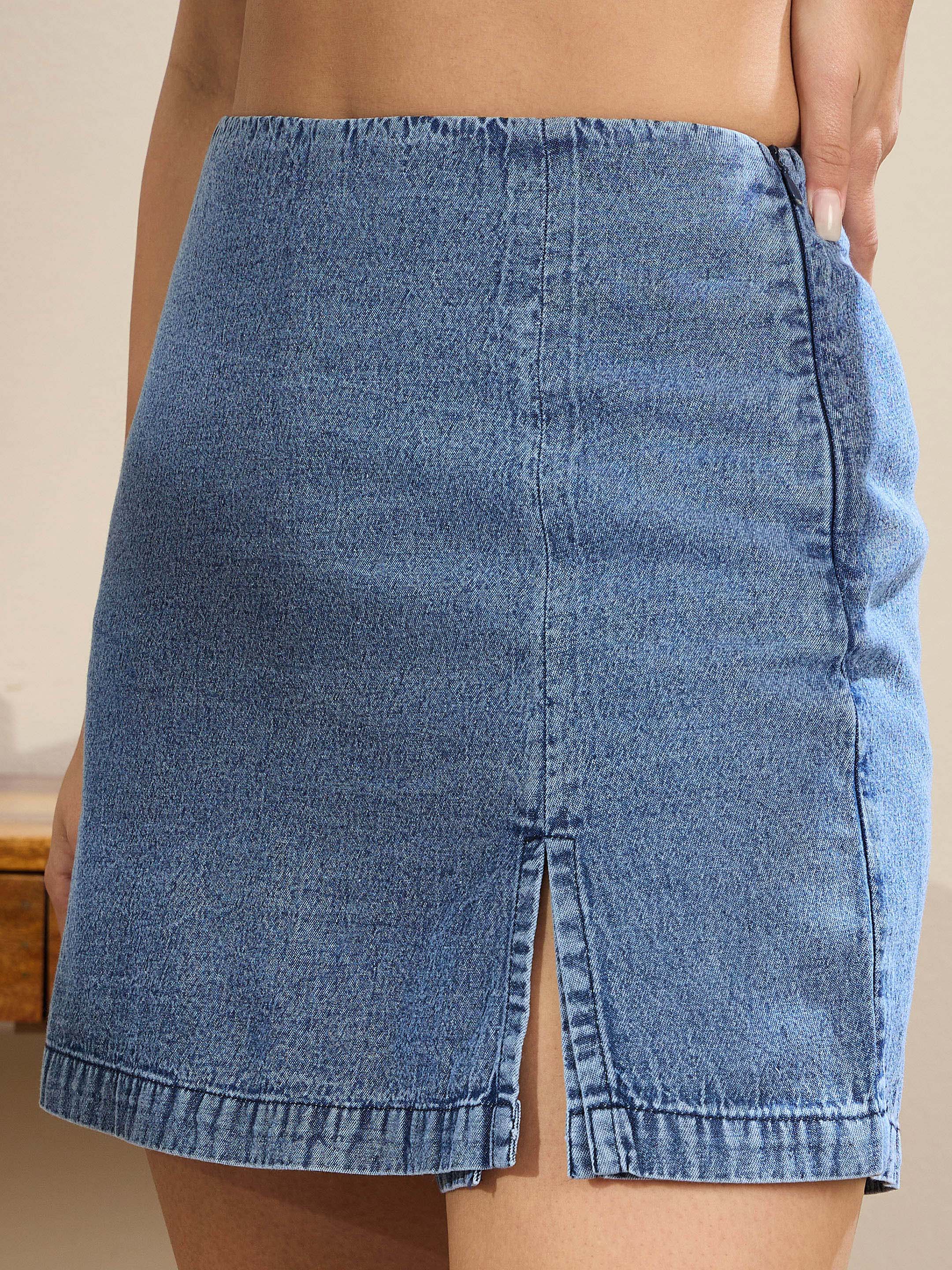Women Navy Denim Side Slit Skorts-SFSHOR9111