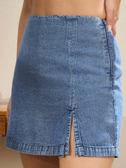 Women Navy Denim Side Slit Skorts-SFSHOR9111