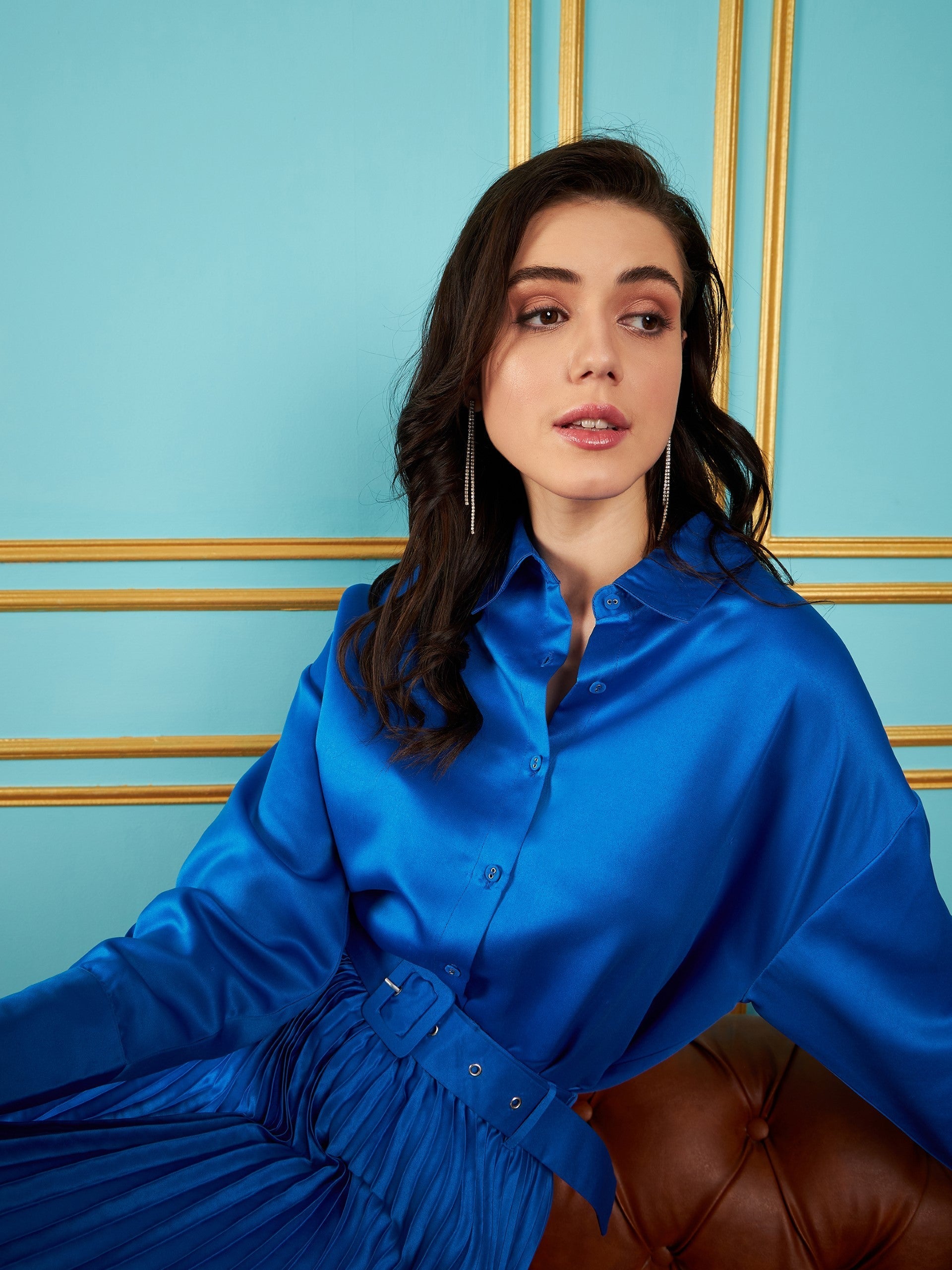 Women Royal Blue Satin Oversized Shirt-SFSHRT20237