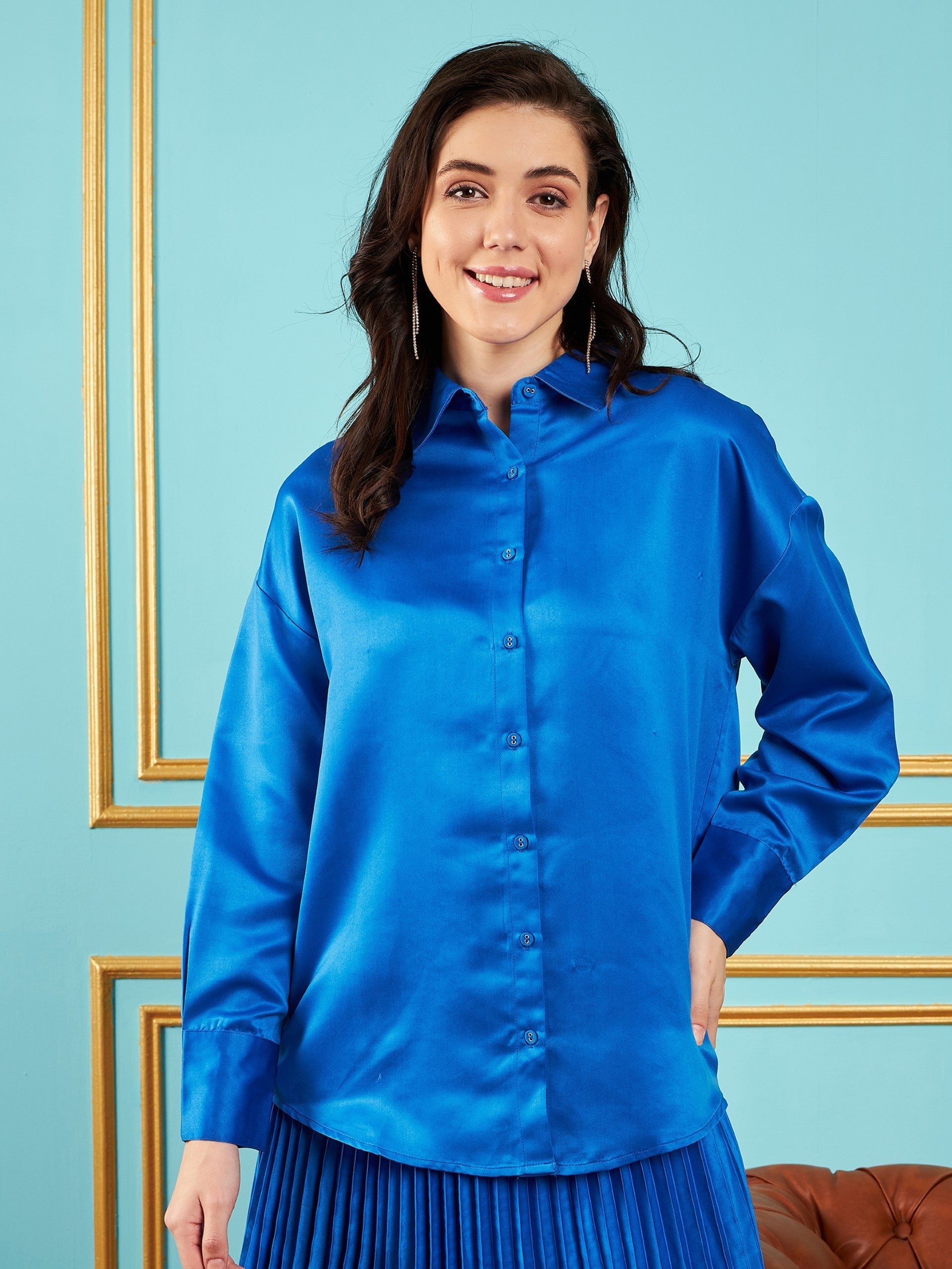 Women Royal Blue Satin Oversized Shirt-SFSHRT20237