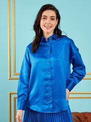 Women Royal Blue Satin Oversized Shirt-SFSHRT20237
