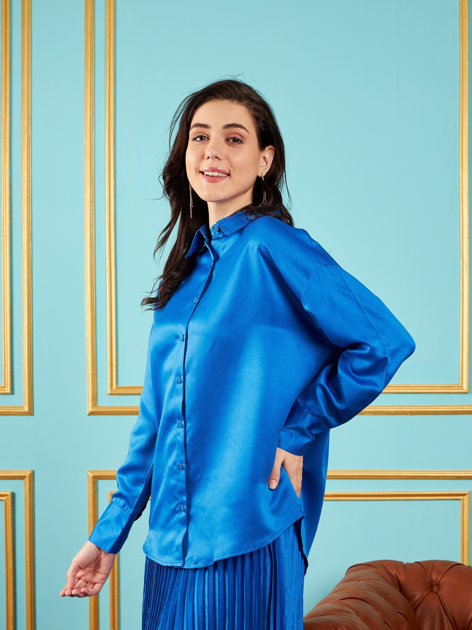 Women Royal Blue Satin Oversized Shirt-SFSHRT20237