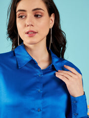 Women Royal Blue Satin Oversized Shirt-SFSHRT20237