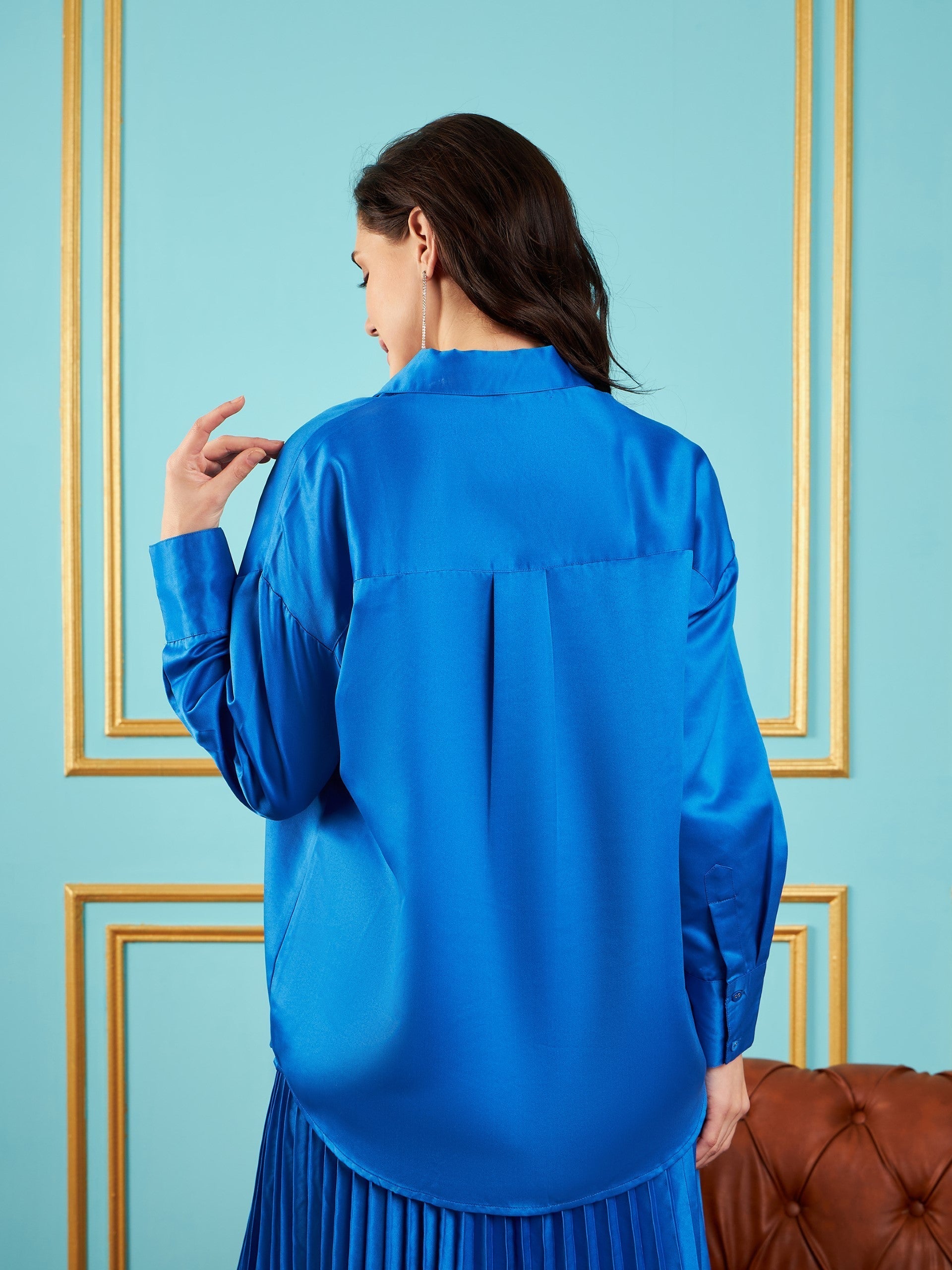 Women Royal Blue Satin Oversized Shirt-SFSHRT20237